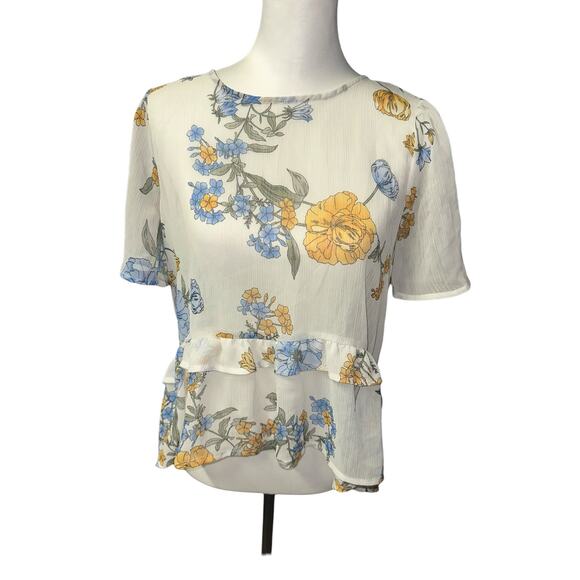 June and Hudson Short Sleeve Medium Sheer Top White Blue Yellow - Picture 1 of 4